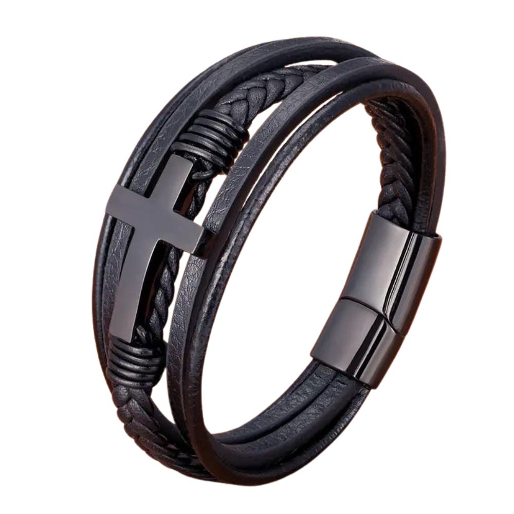 Luxury Cross Design Classic Stainless Steel Men's PU Leather Bracelet